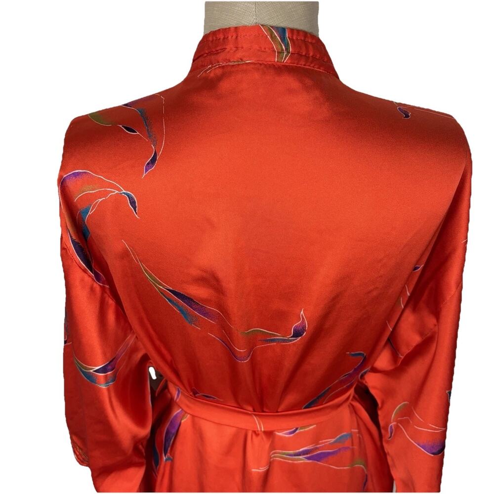 Vintage California Dynasty Style Kimono Robe Belt Red Botanical Satin Size Large - Picture 8 of 14